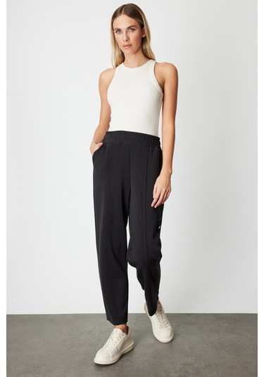 On Kadın Düğme Detaylı Bol Paça Eşofman Altı 64149 Siyah Siyah