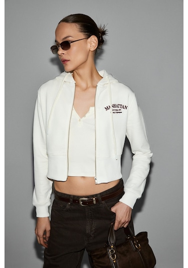Grimelange Iressıne Kadın Kapüşonlu Fermuarlı Uzun Kollu Regular Beyaz Sweatshirt Beyaz