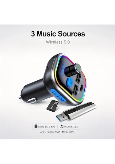 Honeybeeshop Siyah Kablosuz Araba Adaptörü Hızlı Şarj Type C Pd 30w Qc 3.0 Fm Radyo Alıcısı Müzik Çalar Araç Kiti