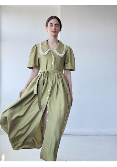 Retrobird 1950'li Yılların Tasarımı Dantelli Betty Maxi Uzun Elbise Kadın Çağla-13916 Çağla Yeşili