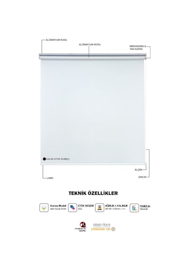 Düz Stor Perde - Kalın Mat Stor Güneşlik Kumaş Keten - Alüminyum Kasa Ve Boru - Eteği Dilimsiz/düz Gri