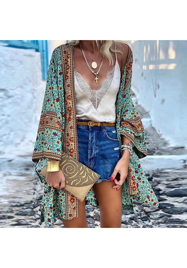 Kadın Günlük Önü Açık Hırka Tatil Plaj Bikini Cover Up Yaz Kimono Yeşil