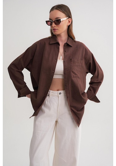 Mixray 4670 Kadın Cepli Oversize Basic Keten Gömlek Kahve