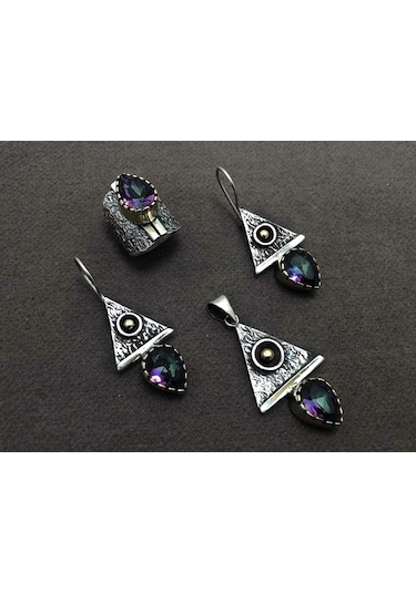 Mistik Topaz Taşlı Otantik Kadın Gümüş Üçlü Set