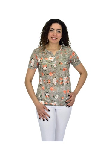 Kadın Kısa Kol Baskılı Bluz Bgl-st04688 Haki