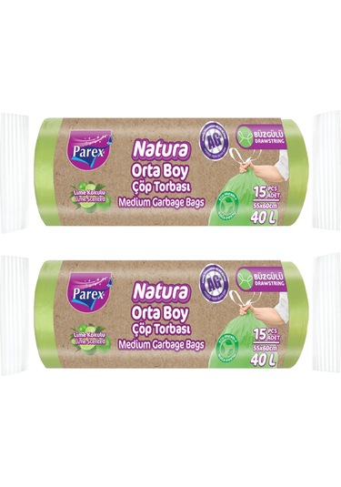 Natura Büzgülü Çöp Torbası 15'li Orta Boy 55 X 60 Cm İkili Paket
