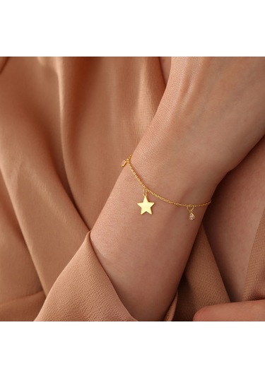 Queen Silver Jewelry 925 Ayar Gümüş Yıldız Objeli Zirkon Taş Sallantılı Bileklik Altın