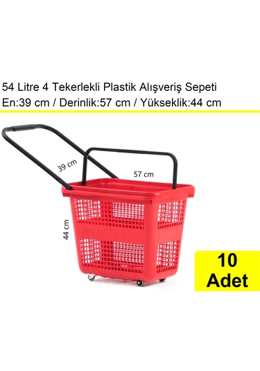 4 Tekerlek Plastik Alışveriş El Sepeti 54 Litre Kırmızı 10 Adet / En:42 Boy:54 Yükseklik:44 Cm