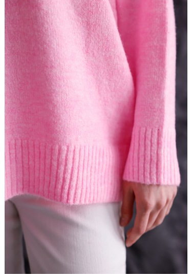 Bisiklet Yaka Oversize Basic Triko Kazak Pembe