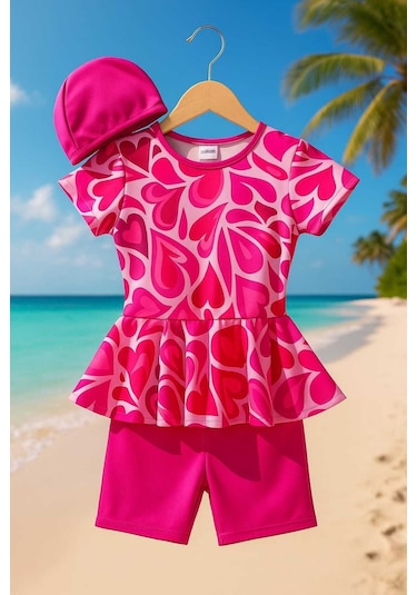 My Kids Wear Üç Parça Kız Çocuk Boneli Mayo Koyu Pembe