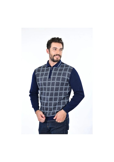 Kamalı Yakalı Baba Kazak Çizgili Baba Kazak Baba Triko Yakalı Erkek Kazak Polo Yaka Lacivert