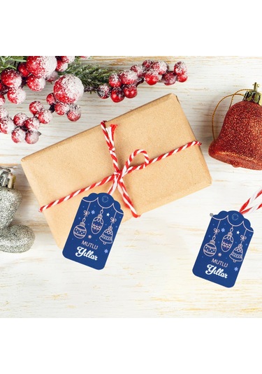 Yılbaşı Mutlu Yıllar Yazılı Hediye Etiketi, Delikli, Küre Desenli