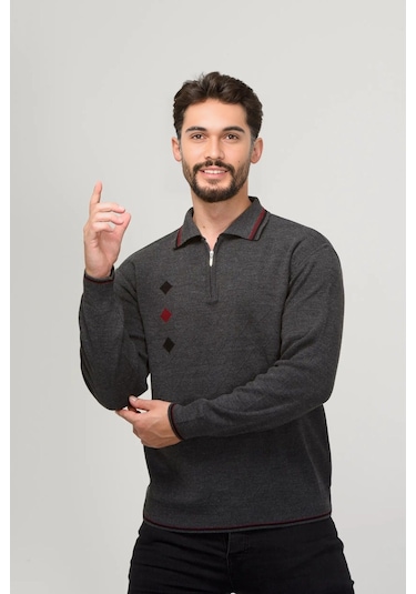 Kamalı Erkek Çelik Örgü Intarsia Gofra Desen Fermuarlı Polo Yaka Tüylenmez Premium Triko Kışlık Baba Kazak Gri