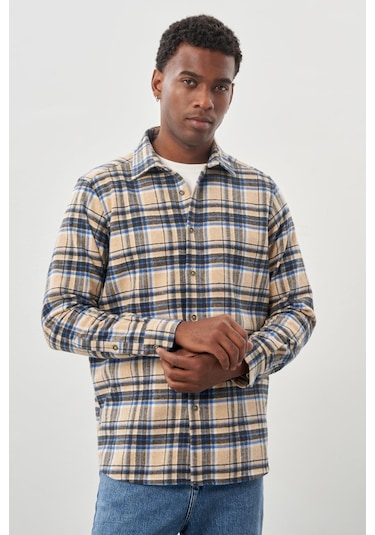 Bej Yünlü Ekose Desen Yumuşak Yaka Cepsiz Uzun Kol Casual Comfort Fit Gömlek 1004245227 Bej