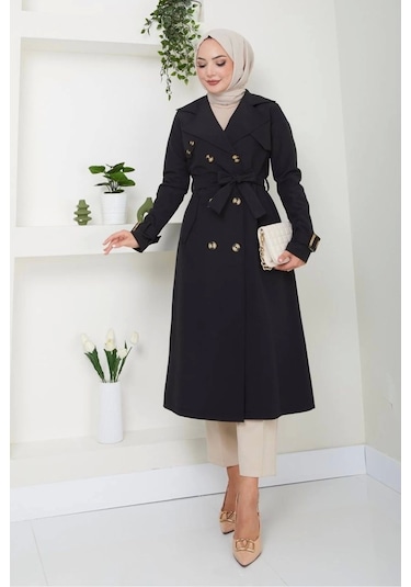 Pamuklu Bondit Kumaş Trençkot / M0105 - Siyah Siyah