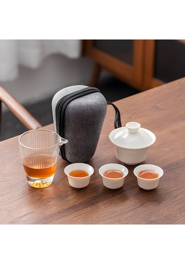 Seramik Seyahat Gaiwan Kungfu Çay Seti, Çin Beyaz Porselen Çay Kase Seti, Mat Ve Demlik İle, Ev İşletmesi Dış Mekan Otel İçin Taşınabilir Beyaz