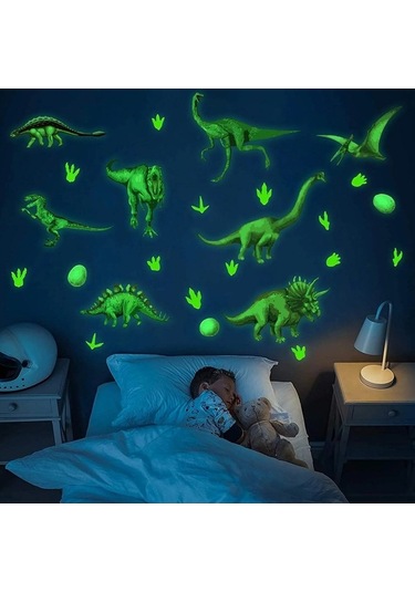 Opulentliving Yeşil Dinozor Glow Duvar Stickerı, Pvc, Çocuk Oda Dekoru, Yeniden Kullanılabilir, 4 Adet Set