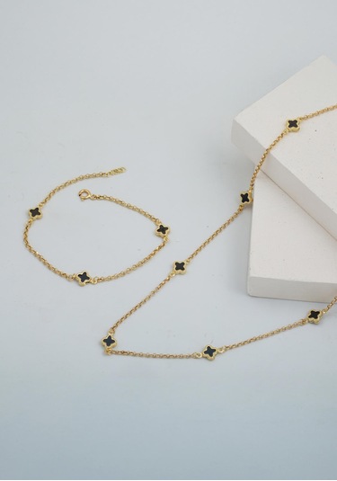 Bilezikci Oniks Taşlı Yonca 14 Ayar Altın Set Takımı