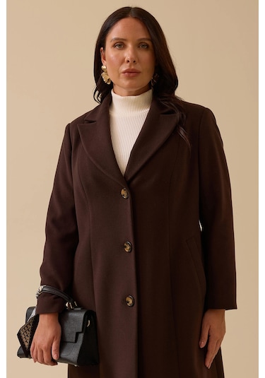 Galaxi Kadın Büyük Beden Astar Desenli Cepli Kaşe Kaban 4003 Kahverengi Kahverengi