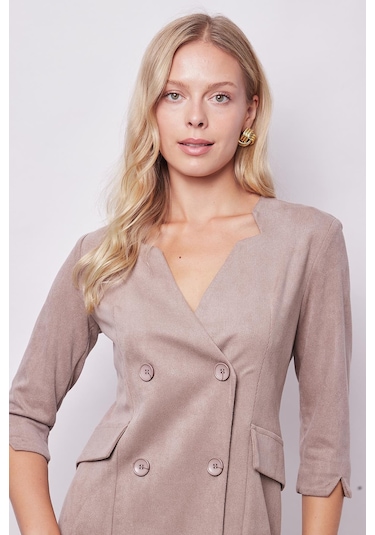 Kadın Kadife Likralı Yumuşak Dokulu Kruvaze Kapri Truvakar Kol Kolu Yırtmaçlı Ofis Ceket Elbise-bej Bej