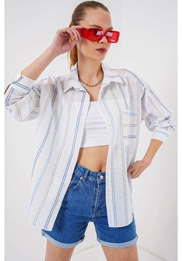 Gülsüm Aydın Çizgili Oversize Gömlek 20278 - Beyaz Beyaz