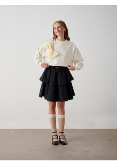 Kız Çocuk Beli Lastikli Taşlı Etek-15348 Siyah