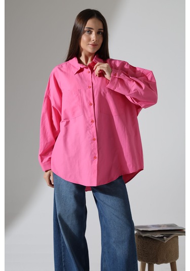 Yeni Sezon Poplin Kumaş Çift Cepli Oversize Pamuklu Kadın Tunik Gömlek Pembe