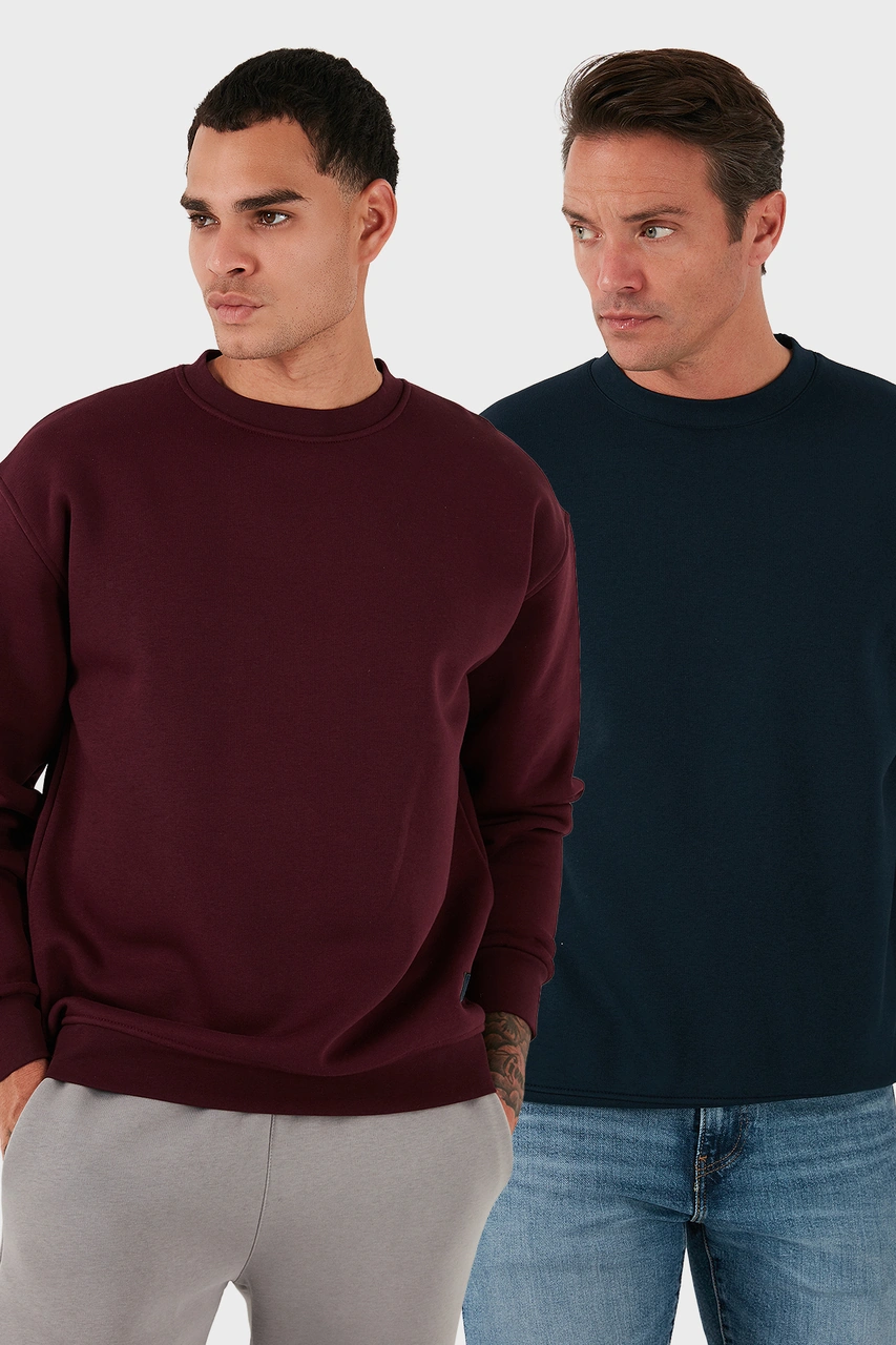 Buratti Regular Fit Bisiklet Yaka Şardonlu 2'Li Paket Erkek Sweat 5905255S2 Koyu Lacivert-Vişne