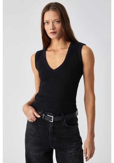 GRIMELANGE Lescosa Kadın Slim V Yaka Kolsuz Siyah T-shirt Siyah