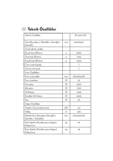 Vestel SF-8401 DG 65 LT Ocaklı Solo Fırın