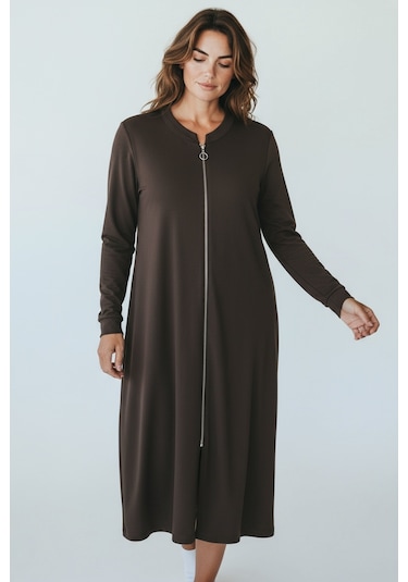 Kadın Önü Fermuarlı Kolu Manşetli Gizli Cepli Mevsimlik Kap Kahverengi