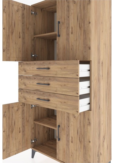 Hyperion Dolap 3 Raflı 3 Çekmeceli 4 Kapaklı 88x44x195 Çam-çam Çam