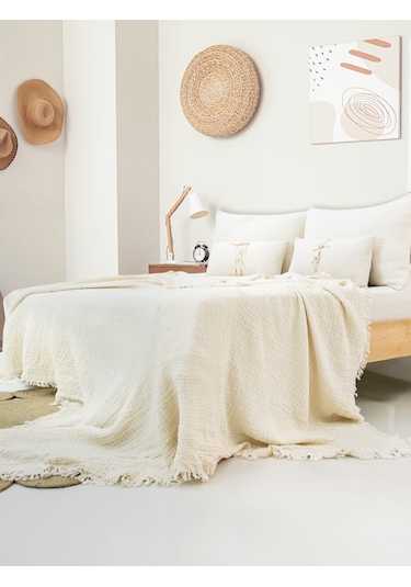 4 Katlı Müslin Yatak Örtüsü - Ekru Renk Çift Kişilik Pike Ekru