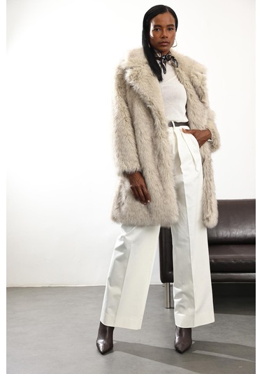 Bej Midi Boy Şal Yaka Kürk D99773 Bej