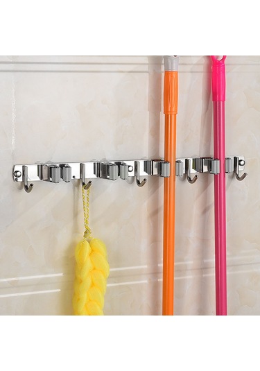 Tenfowee 304 Paslanmaz Çelik Gri Duvar Tipi Süpürge Tutucu - 4 Bölme 5 Kanca, Dayanıklı, Asidiyen Ve Pas Koruyucu, Balkon/banyo Uygun
