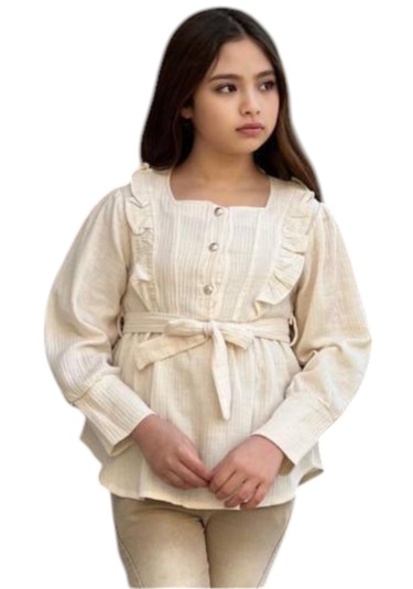 Kız Çocuk Bluzu Fırfırlı Düğme Kapama Kot Pantolonlu İkili Takım Bej