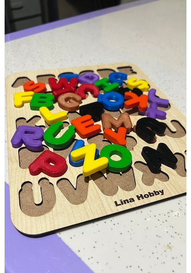 Alfabe Harf Puzzle - Ahşap Tabanlı Ve Pla Harflerden Eğitici Oyuncak 21x25cm Büyük Harfler