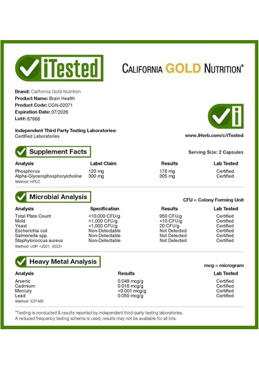 California Gold Nutrition Brain Health Alpha Glycerophosphorylcholine Memory Cognitive Calcium Phosphatidylserine 60 Veggie Caps