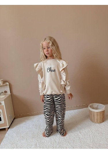 Kız Çocuk Stay Chic Fırfırlı Sweatshirt Ve Zebra Desenli Pantolon Takım 5004 Vizon