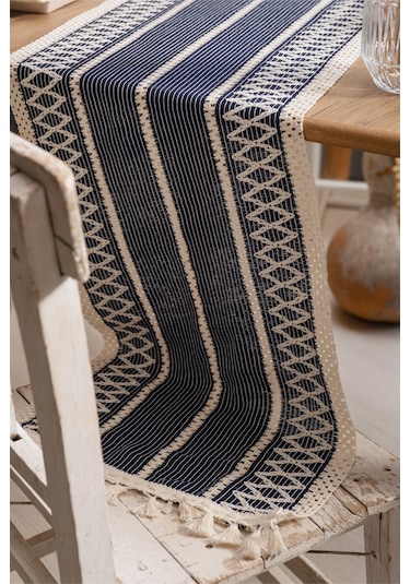 Vivamaison Pamuk Dantel Runner Masa Örtüsü 35 x 145 Lacivert