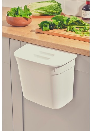 Flosoft Dolap İçi Kapaklı Asılabilir Çöp Kovası, Dolap Kapağı Askılı Çöp Kutusu Krem 7 Litre Krem