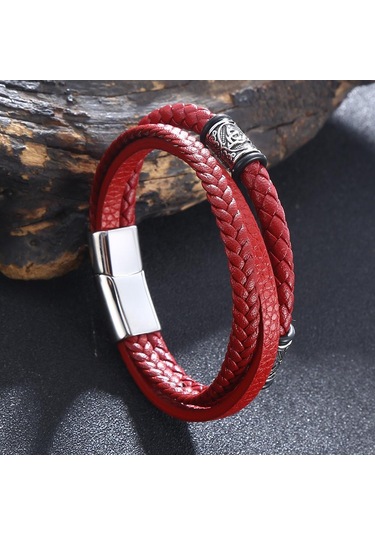 Erkek Kadın Çok Katmanlı Moda Örgülü Deri Bileklikler Paslanmaz Çelik Tokalı Kurukafa Bilezik Hediyeler Kırmızı