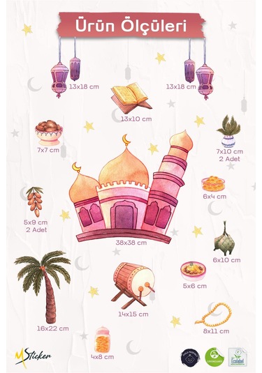 Çift Taraflı Baskılı Cam İçin Pembe Tonlarında Cami Ramazan Ayı Temalı Cam Duvar Süsleri Hoşgeldin Ramazan Sticker Seti Dijital Baskı