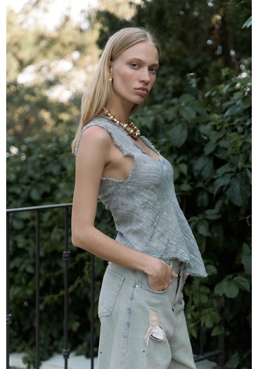 Mai Collection Mai Studios Co. Veilinas Asimetrik Füme Keten Crop Füme