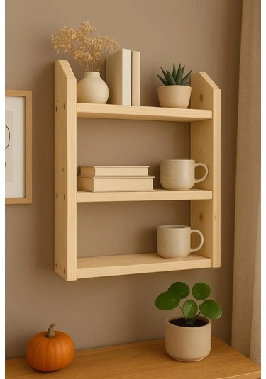 3 Katlı Ahşap Duvar Rafı 50x50x9 Cm Krem