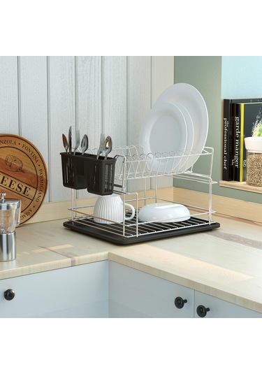 Teknotel İki Kat Modüler Tabaklık Bulaşıklık Krom + Siyah Kb010