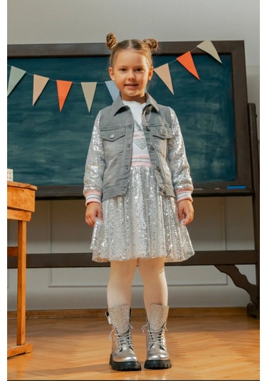 Kız Çocuk Kolları Pul Payetli Nakışlı Denim Ceket Mnt25k236 Gri