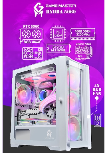 Game Master Hydra 5060 i5-12400F 16 GB 512 GB M2 SSD RTX5060 Free Dos Masaüstü Oyuncu Bilgisayarı