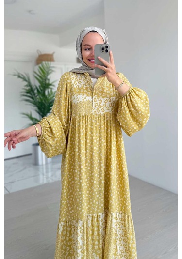 Çiçek Desenli Kuşaklı Elbise - Sarı Sarı