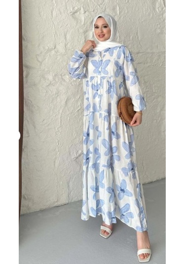 Modal Kumaş Çiçekli Düğmeli Elbise - Mavi Mavi